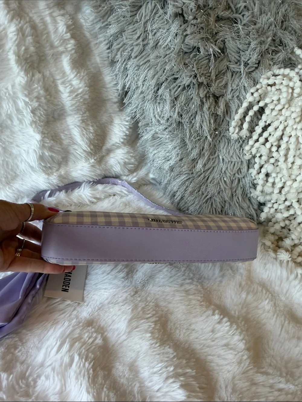NWT Steve Madden Lilac Gingham Shoulder Bag with Scarf Detail